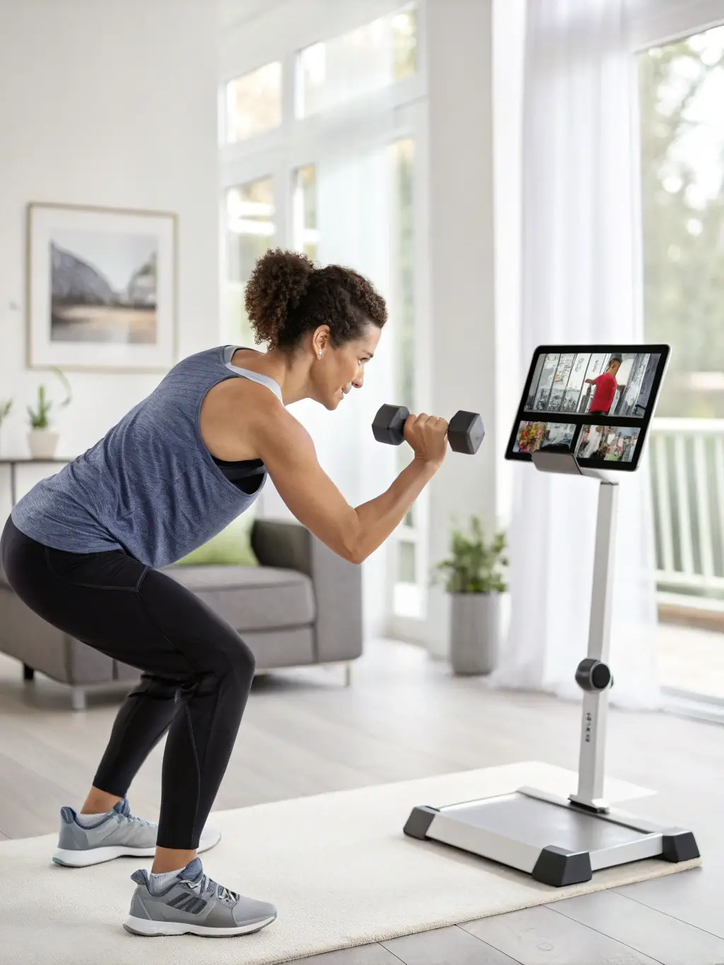 A bright, inviting photo of a woman working out at home using a set of FitPosibel dumbbells and resistance bands, with a yoga mat and fitness ball in the background, conveying a modern, empowering atmosphere.