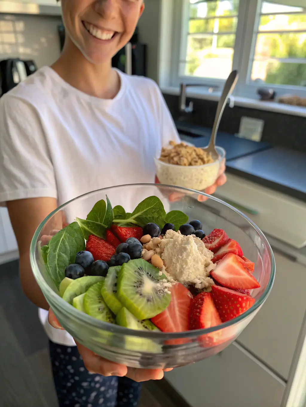 A vibrant kitchen scene with a weekly meal plan printout, fresh fruits, and vegetables, and a smiling mom preparing a healthy snack.