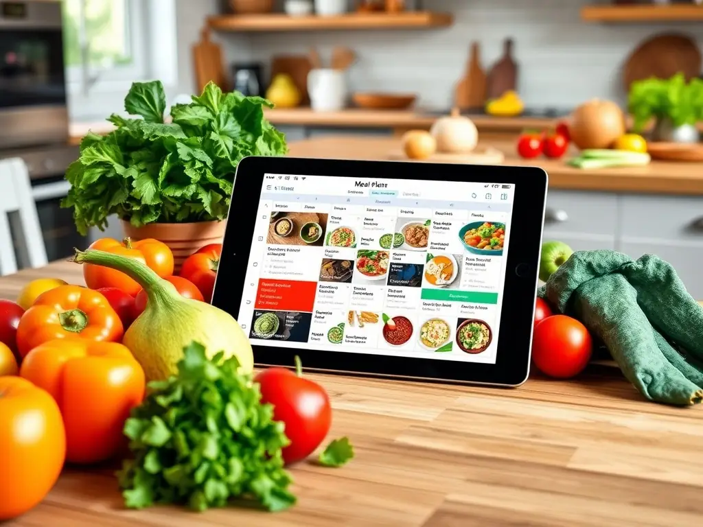 A close-up image of a printed nutrition guide and a smartphone displaying a healthy meal plan, surrounded by fresh fruits and vegetables on a kitchen counter.