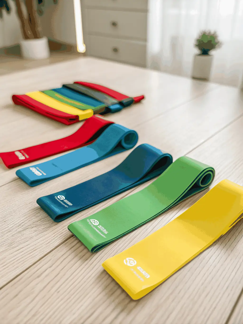 Close-up of a FitPosibel branded resistance band and fitness mat laid out on a living room floor, with a water bottle and healthy snack beside them.