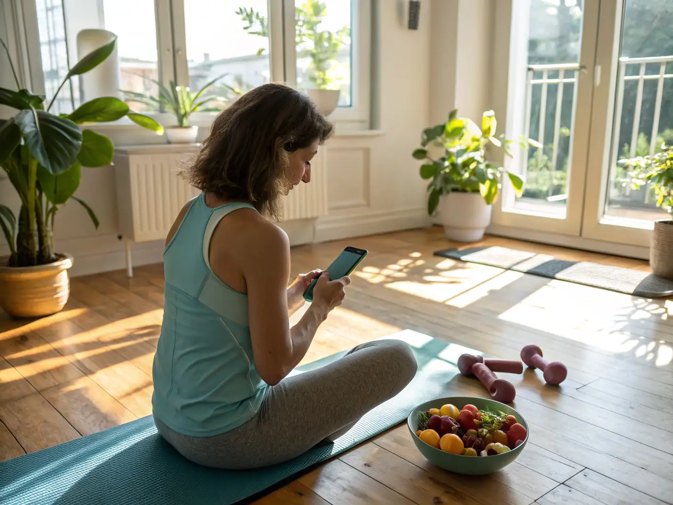 A screenshot collage of a woman following along with workout videos on a tablet, showing warm-up and basic exercise routines in a bright living room.