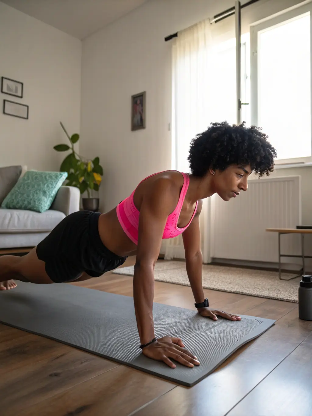 A smiling woman tracking her progress on a fitness app, FitPosibel equipment visible in the background, showing a sense of achievement.