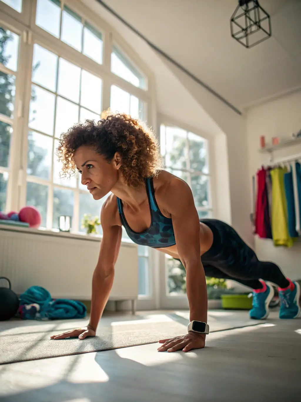 A cheerful young mother exercising at home with a resistance band, her toddler playing nearby, bright and cozy living room setting, fitness mat and FitPosibel equipment visible.