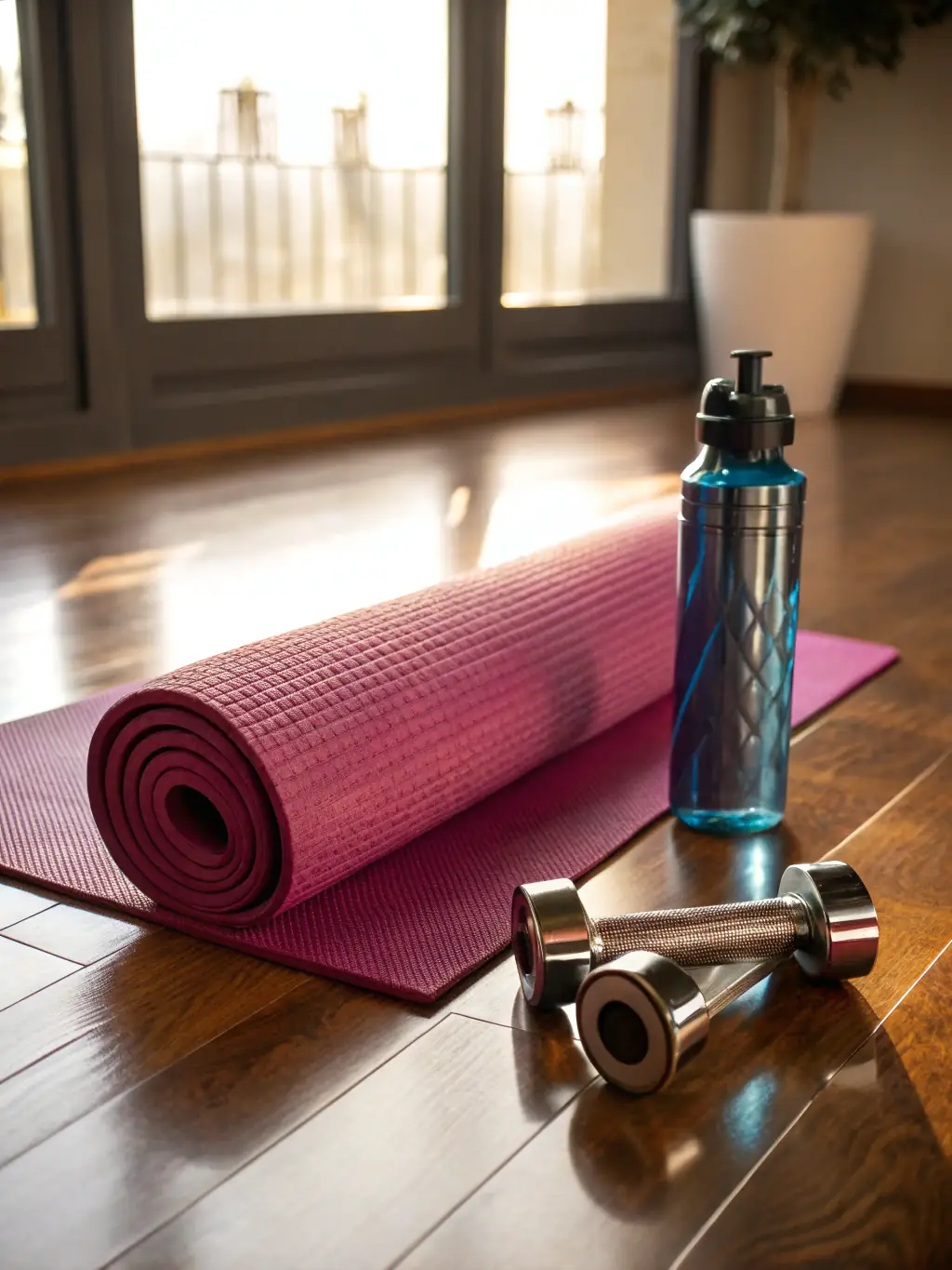 A close-up of affordable FitPosibel fitness accessories—jump rope, mat, and massage roller—arranged neatly on a wooden floor.