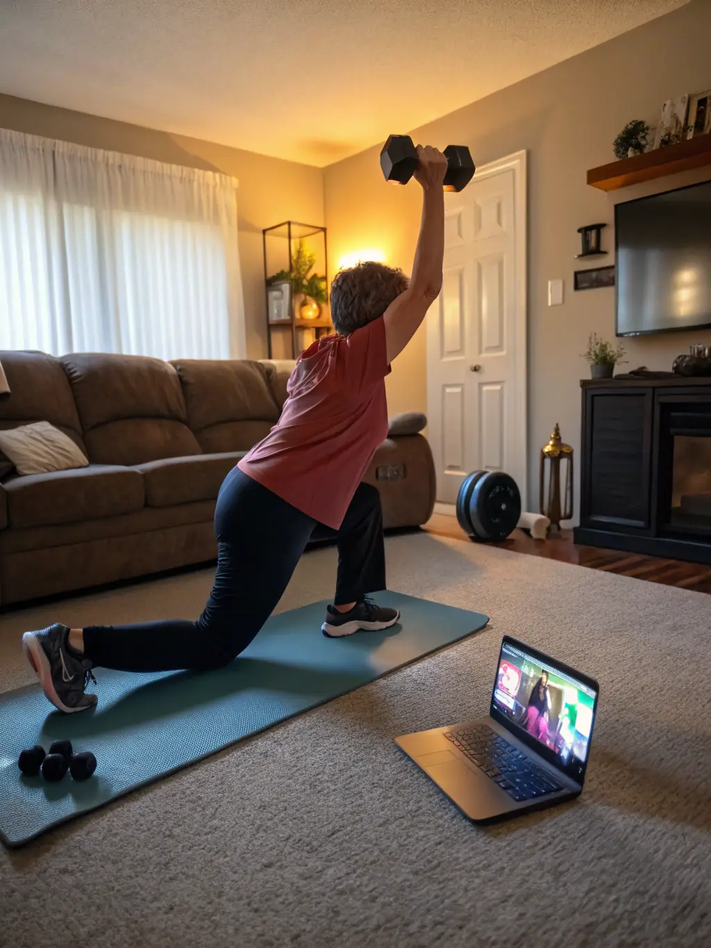 A cheerful woman working out at home with FitPosibel resistance bands and dumbbells, surrounded by a tidy living room, natural daylight streaming in.